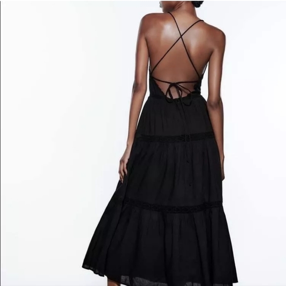 Zara Black Cotton Lace Tiered Midi Dress Size Large Cross Strap Open Back Vacay - Picture 2 of 15